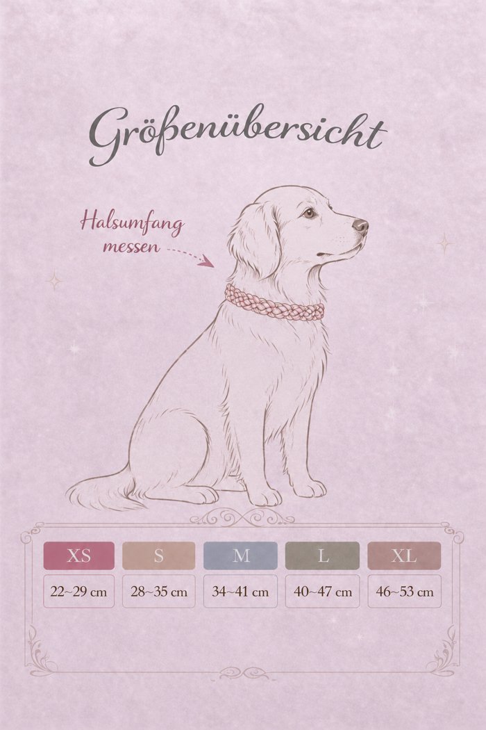 Größenübersicht Australian Shepherd mit Halsumfang-Markierung und Größentabelle